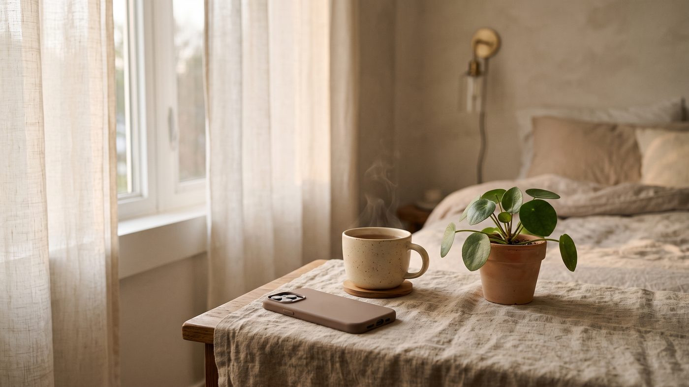 Teléfono boca abajo junto a una taza de té y una planta en una mesa de noche