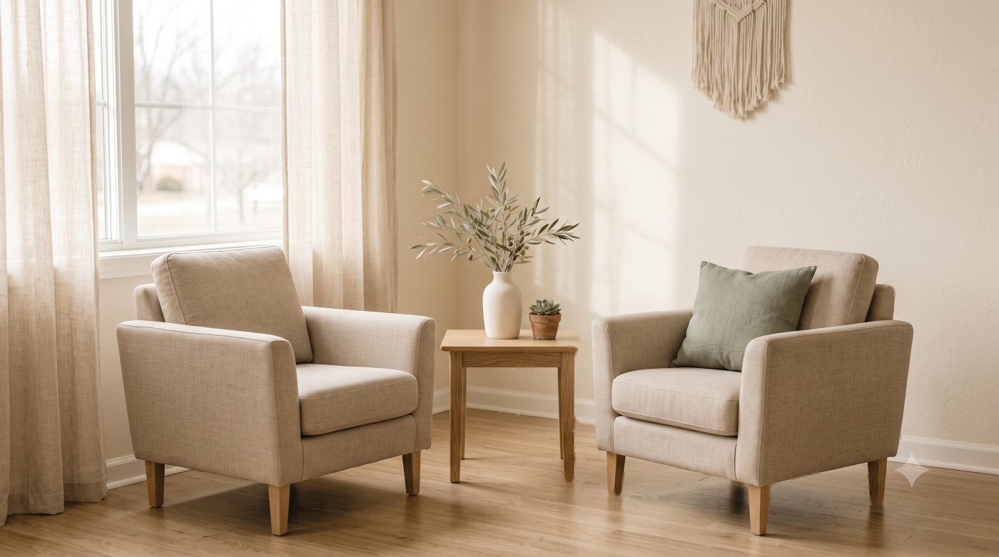 Consultorio de psicoterapia con dos sillones y luz natural