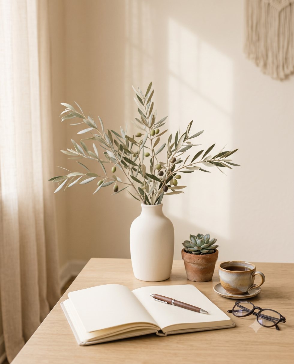 Escritorio con libreta abierta, rama de olivo y taza de café