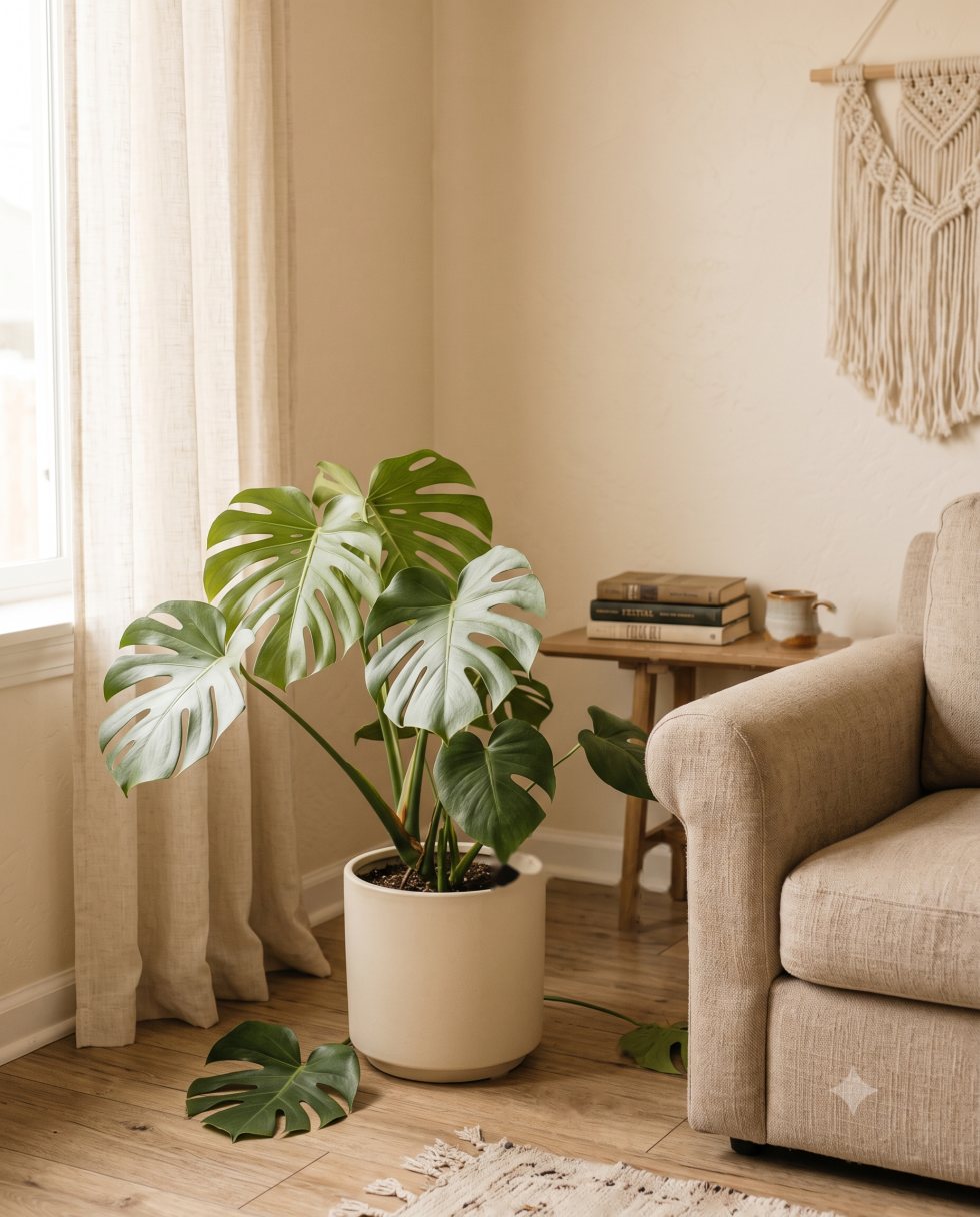 Monstera en maceta crema junto a un sillón de lino