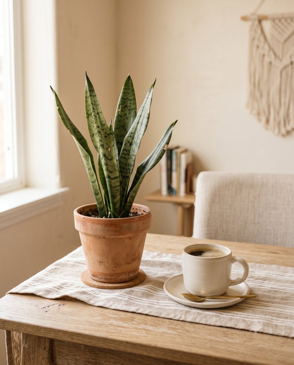 Planta en maceta de barro junto a una taza de café en el consultorio